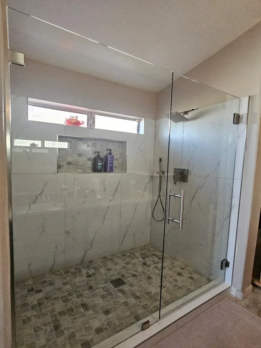 Marble Walk-In Shower Large Format Marble Walk-In Shower with Mosaic Niche Phoenix AZ | Albaner Tile and Stone