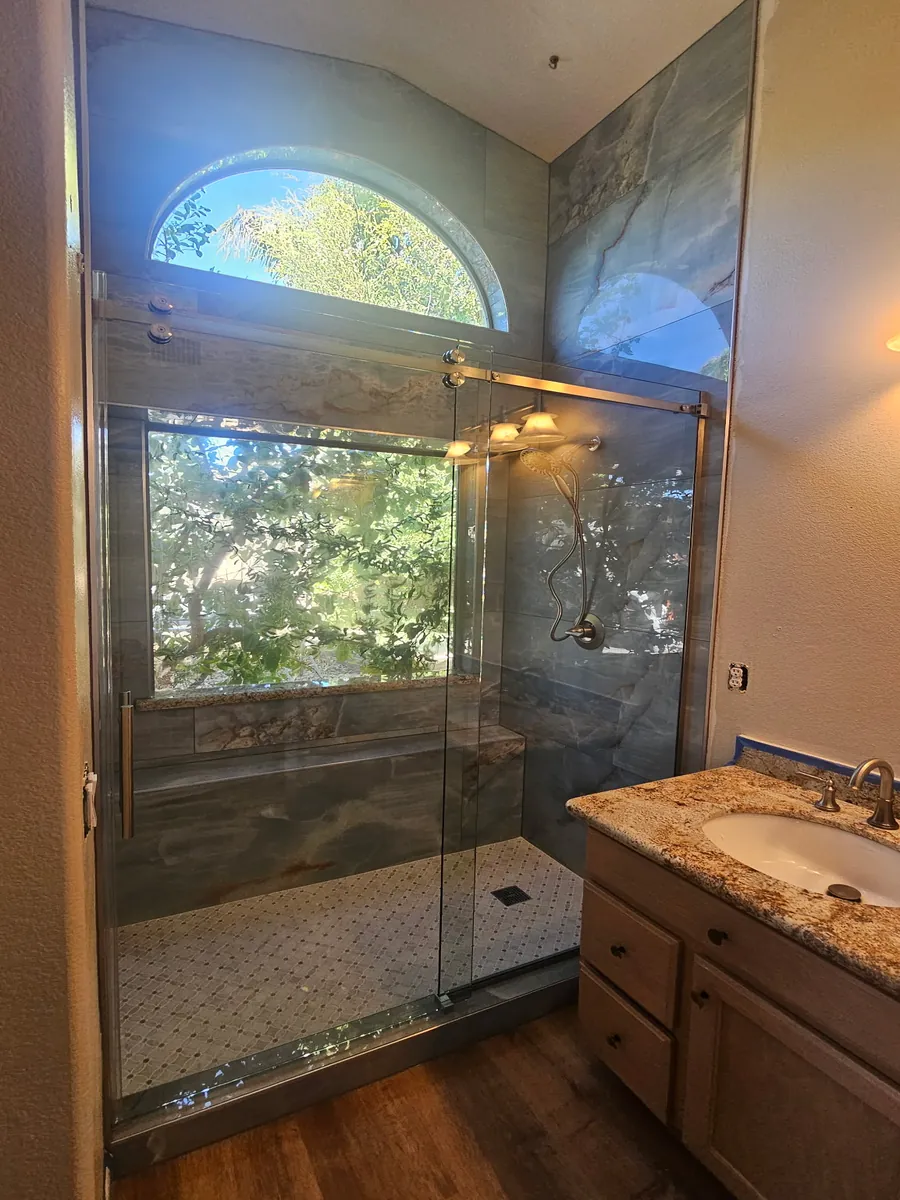 Luxury Stone Tile Shower Luxury Stone-Look Tile Shower with Arched Window Phoenix AZ | Albaner Tile and Stone