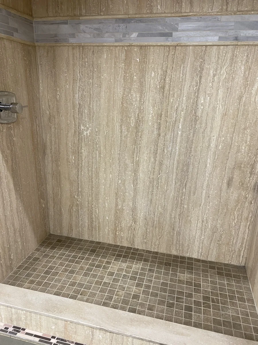 Travertine & Mosaic Shower Travertine and Mosaic Grid Tile Shower | Albaner Tile and Stone Phoenix